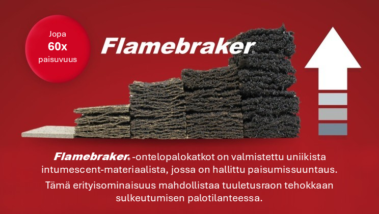 Flamebraker-ontelopalokatkot on valmistettu uniikista intumescent-materiaalista, jossa on halittu paisumissuuntaus. Tämä erityisominaisuus mahdollistaa tuuletusraon tehokkaan sulkeutumisen palotilanteessa.